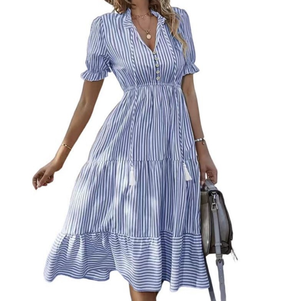 Women's Blue Striped V-Neck Puff-Sleeve Tiered Midi Dress